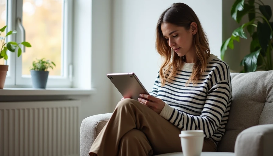 A woman looking at wardrobe planning content on a tablet while sitting on a sofa, representing the busy professionals and intentional dressers who will find support at Dressed in Reason.


