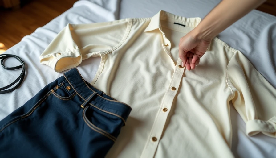 Hand reaching for cream button-down shirt and jeans laid out for morning - practical outfit preparation