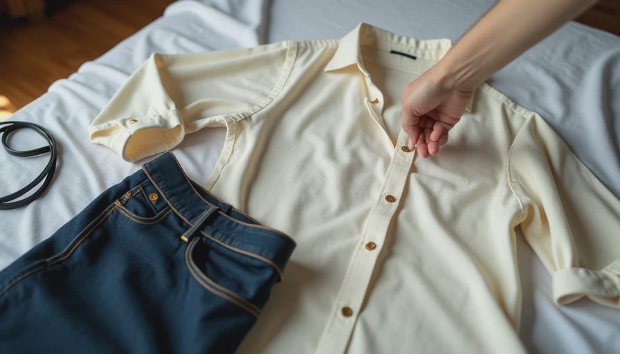 Hand reaching for cream button-down shirt and jeans laid out for morning - practical outfit preparation