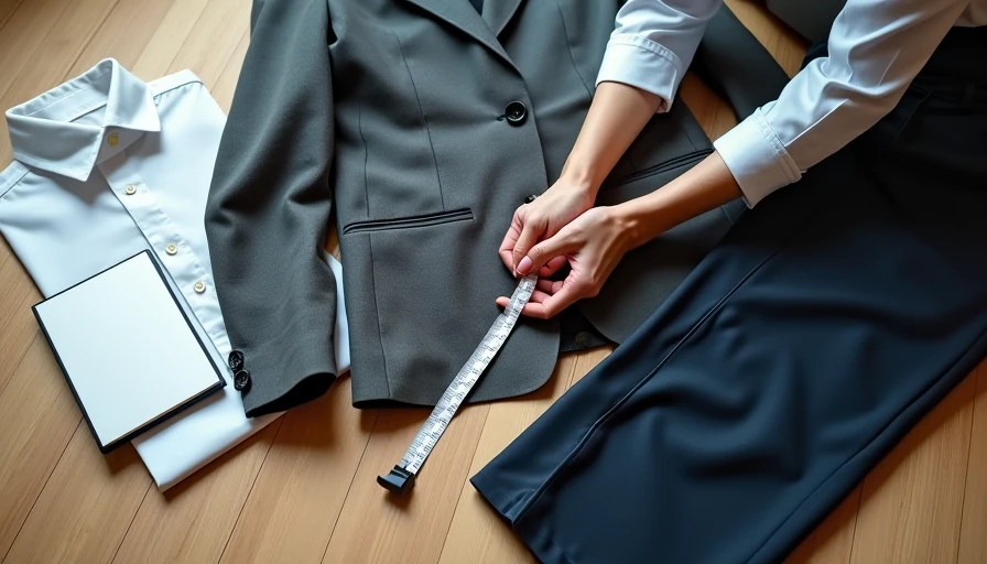 Hand measuring and auditing navy trousers with white shirt and blazer - closet edit process