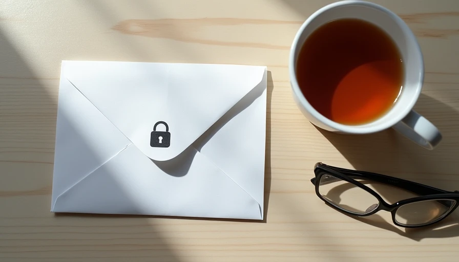A white envelope with a lock icon on a light wood surface next to reading glasses and tea, representing Dressed in Reason's commitment to protecting your privacy with transparency and care.

