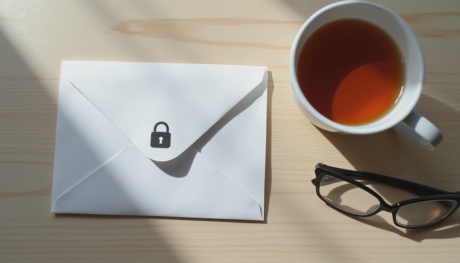 A white envelope with a lock icon on a light wood surface next to reading glasses and tea, representing Dressed in Reason's commitment to protecting your privacy with transparency and care.