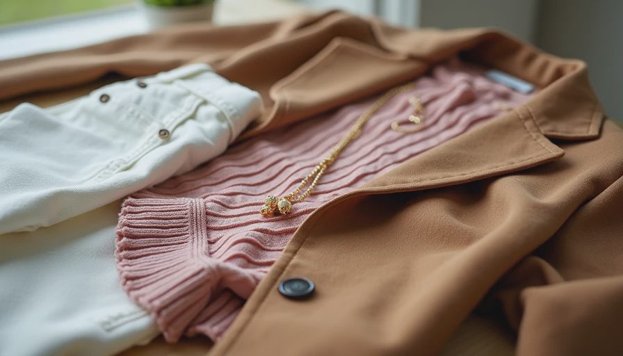 Feminine polished outfit combination with blush sweater and camel blazer - dressing better after 30