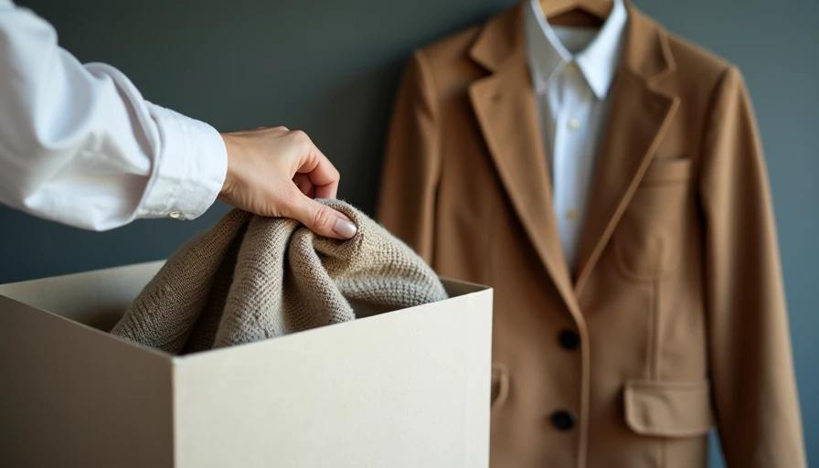 Hand placing almost-right items into donation box while keeping favorites - closet edit