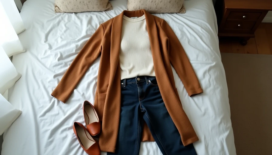 Long camel cardigan layered over knit and jeans - balanced flattering formula