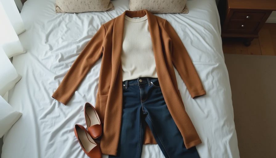 Long camel cardigan layered over knit and jeans - balanced flattering formula