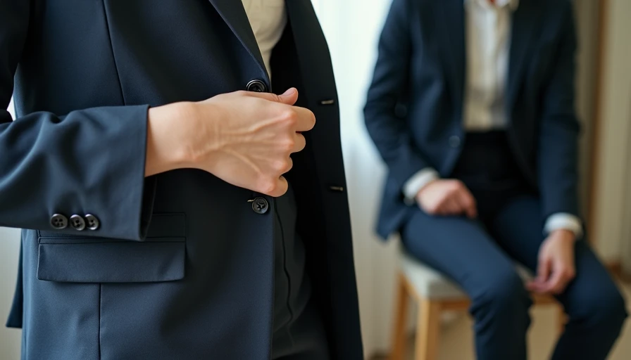 Hand checking shoulder fit and trouser hem in fitting room - judging fit and finish