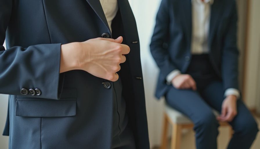 Hand checking shoulder fit and trouser hem in fitting room - judging fit and finish