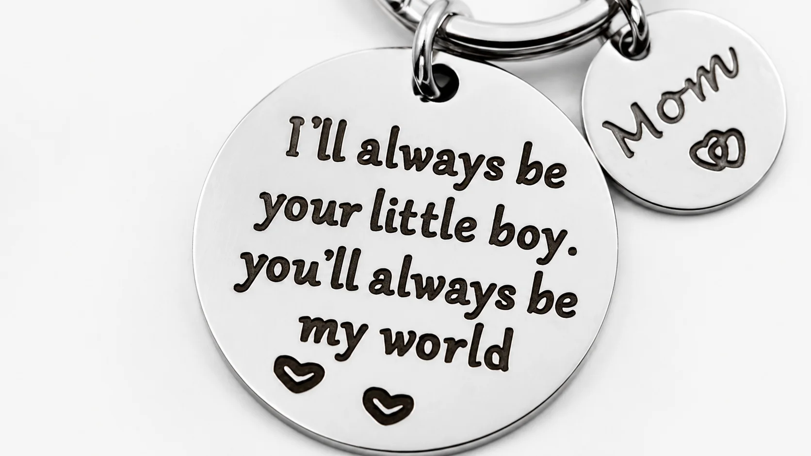 Close up of mom gifts from son keychain engraving