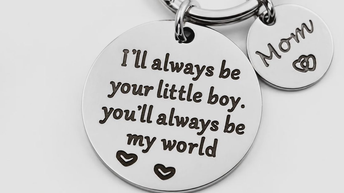 Close up of mom gifts from son keychain engraving