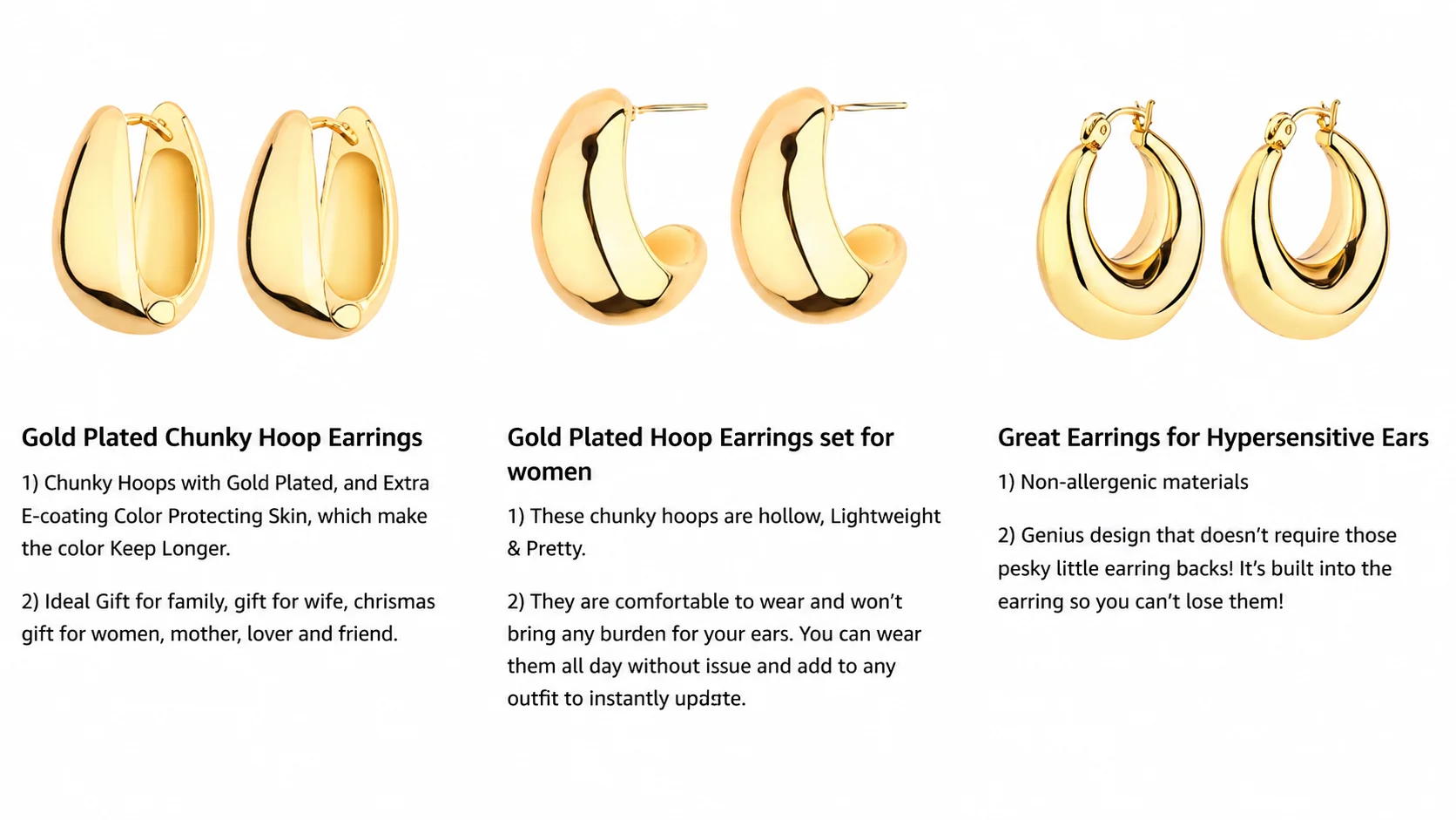 14k gold plated chunky hoop earrings set, lightweight hollow gold hoops for women, and non-allergenic earrings for hypersensitive ears.