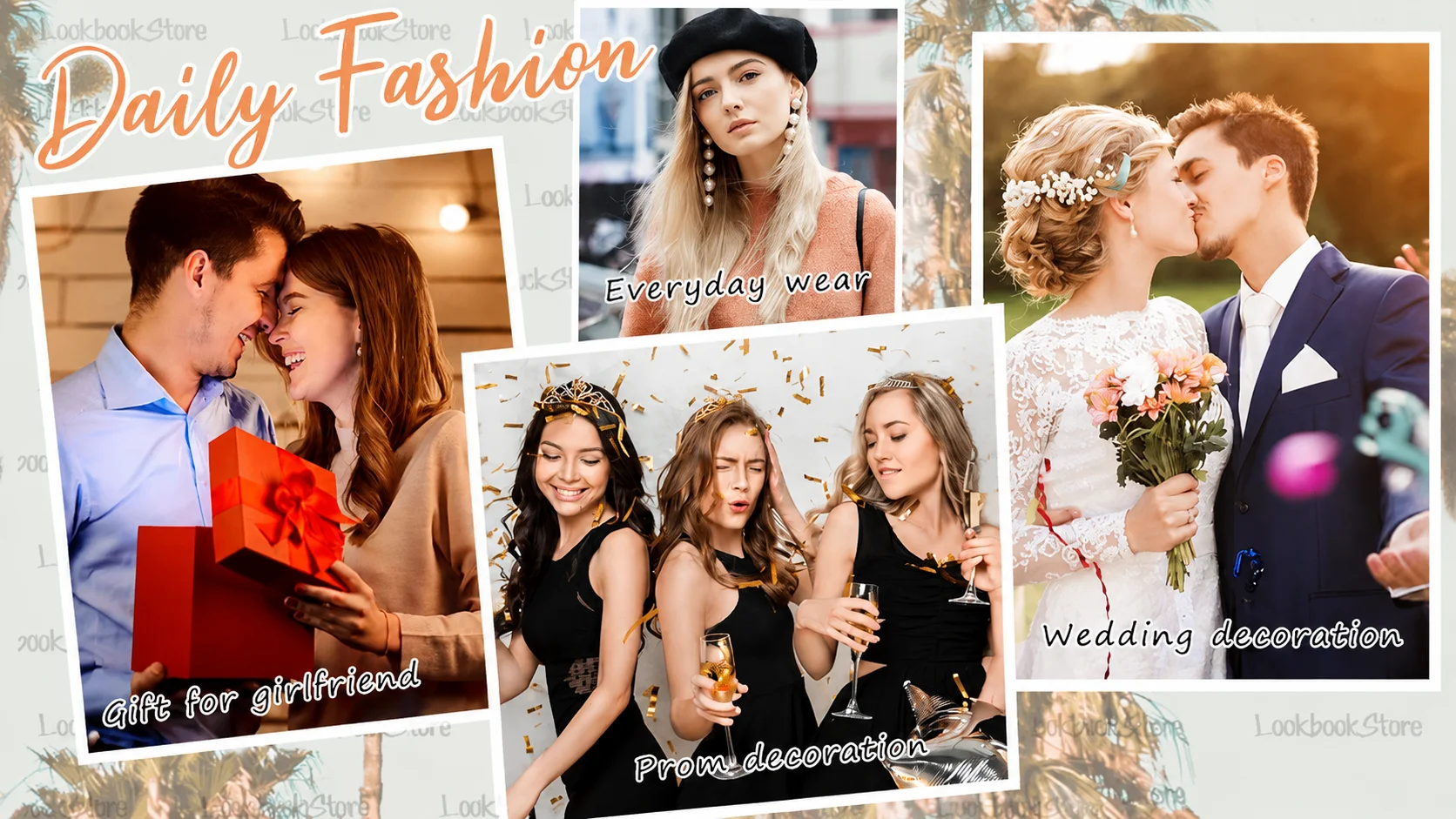 Daily fashion lookbook collage featuring everyday wear, gift for girlfriend, prom decoration, and wedding decoration styles