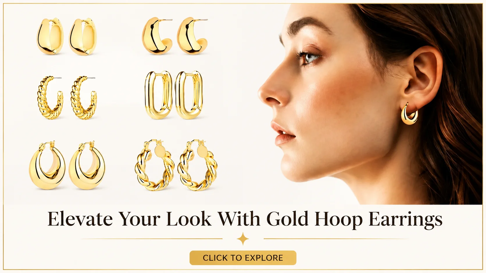 Collection of chunky gold hoop earrings with twisted and smooth designs worn by a model