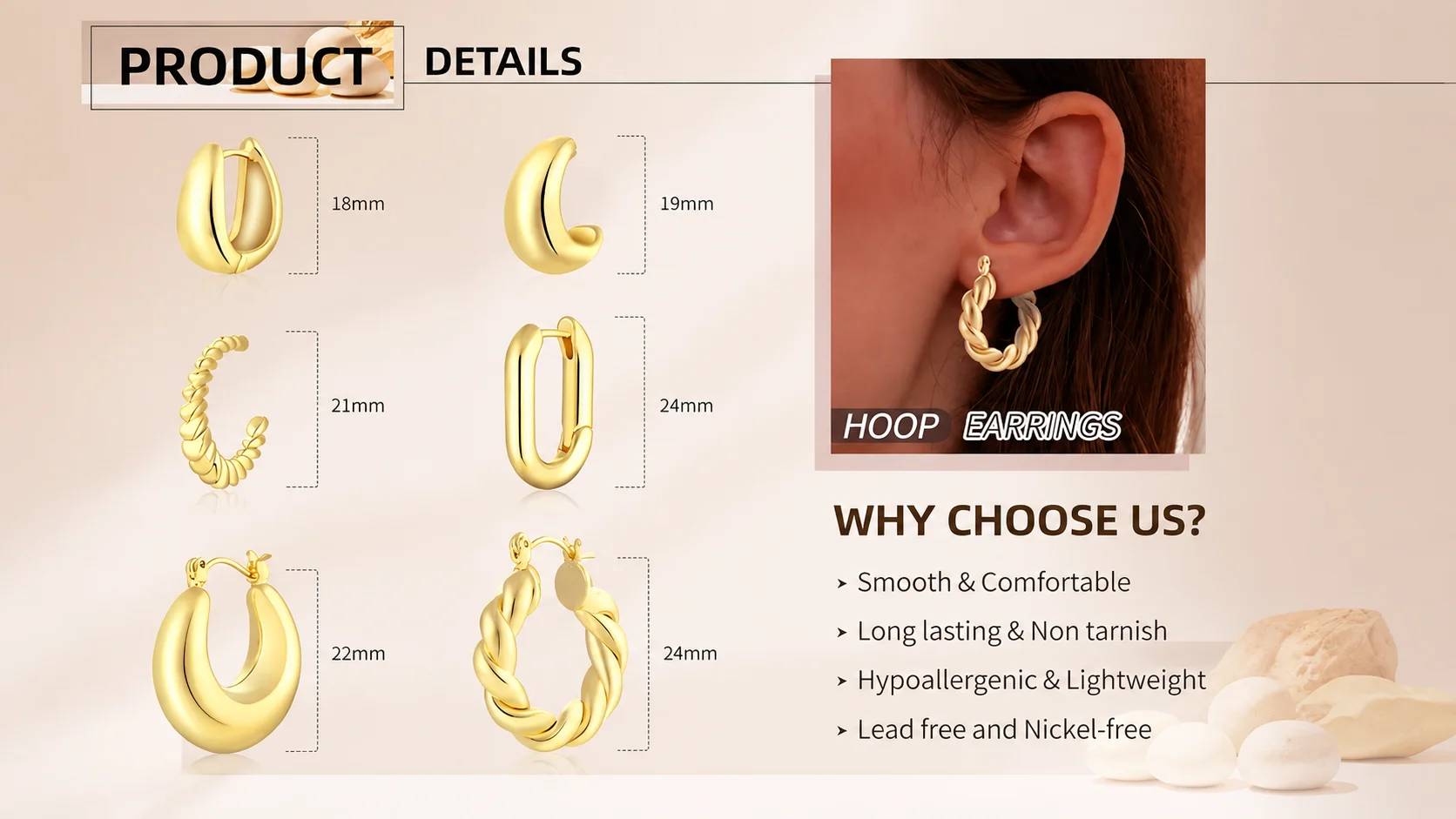 Hypoallergenic 14k gold plated hoop earrings set in various sizes from 18mm to 24mm, including twisted and chunky teardrop designs.