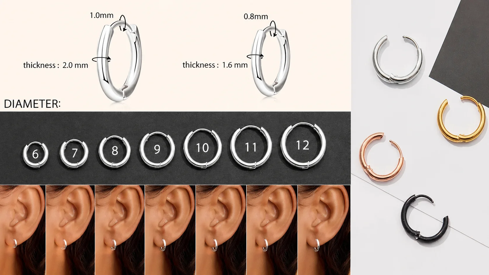 Silver hoop earrings size and diameter chart showing thickness options from 1.6mm to 2.0mm and sizes from 6mm to 12mm
