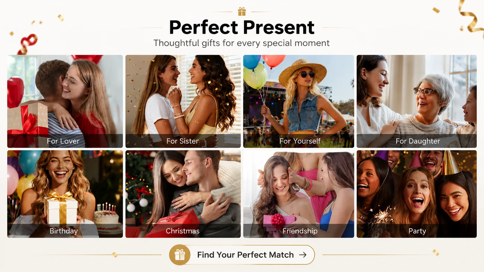 Perfect present gift guide collage for lover, sister, birthday, Christmas, and special party moments
