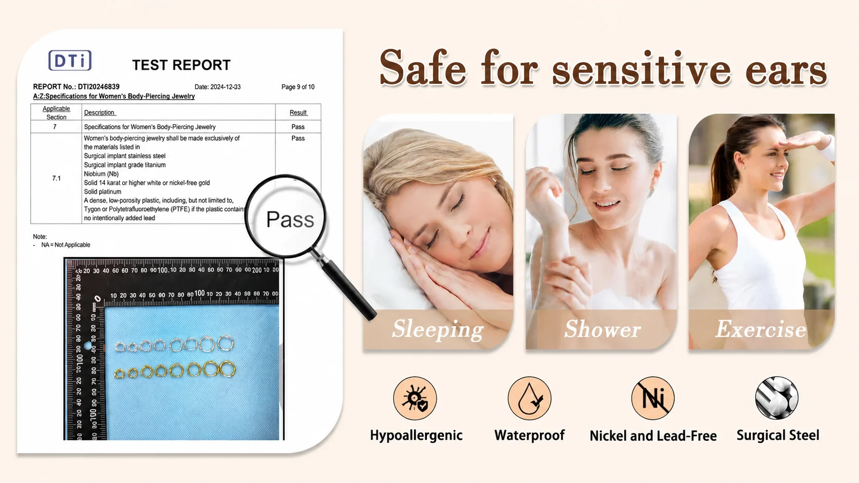 Hypoallergenic surgical steel body piercing jewelry test report safe for sensitive ears during sleep shower and exercise