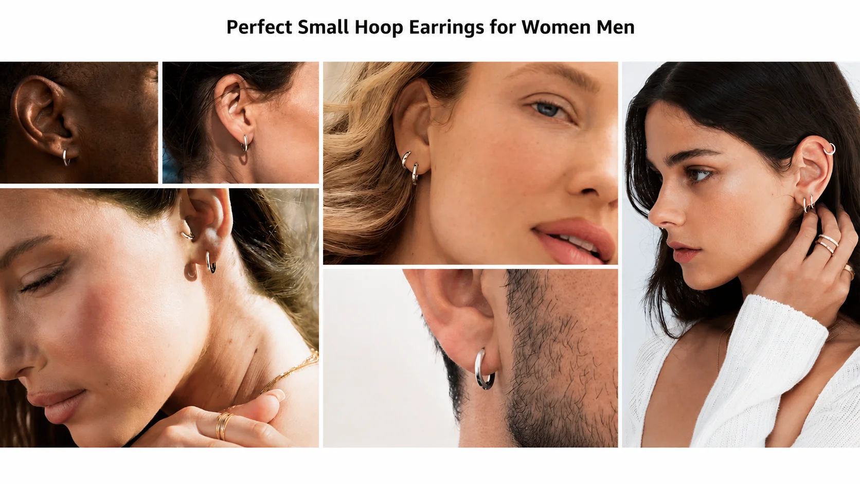 Perfect small hoop earrings for women and men showing various ear and cartilage piercing styling inspiration