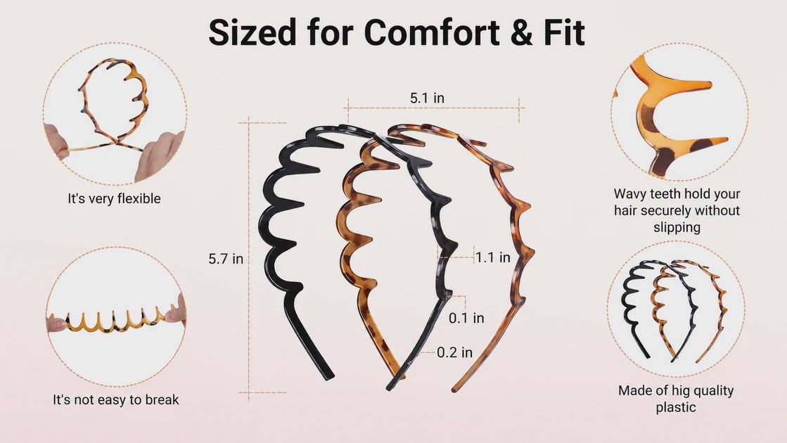 Wavy teeth plastic headband dimensions displaying 5.7 inch height and 5.1 inch width stretchable hairband.